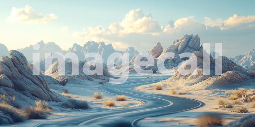Winding road leading through a stunning desert background, a long, winding path cutting through vast sandy dunes, with the warm sun casting soft shadows and highlighting the natural beauty of the desert landscape.