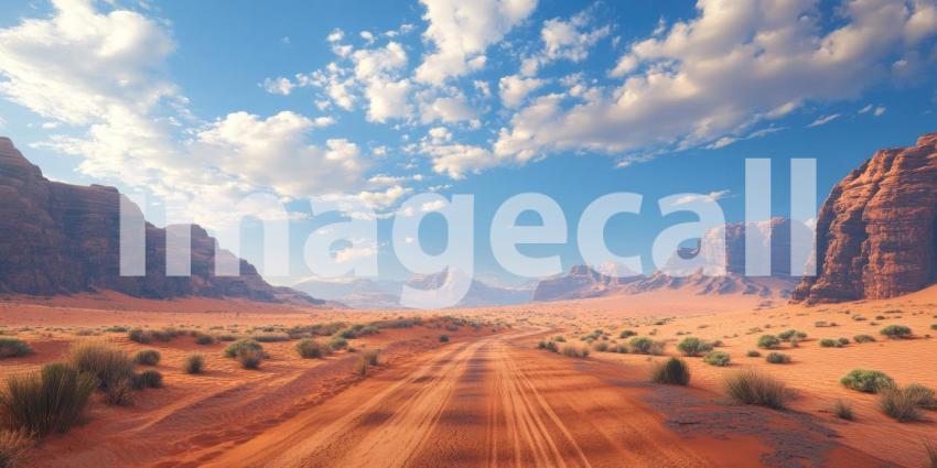 Winding road leading through a stunning desert background, a long, winding path cutting through vast sandy dunes, with the warm sun casting soft shadows and highlighting the natural beauty of the desert landscape.