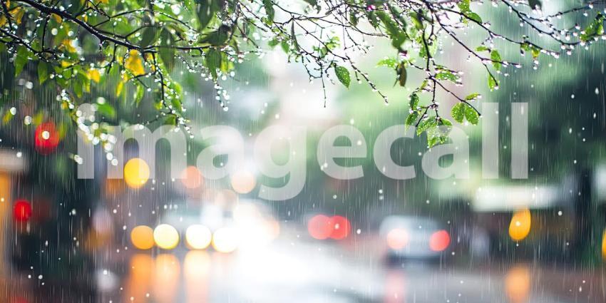 Winter rainy monsoon season with green trees, raindrops on branches, and a blurred street background, a peaceful scene with rain gently falling on lush green foliage, with blurred city streets in the distance, evoking a calm, rainy atmosphere.