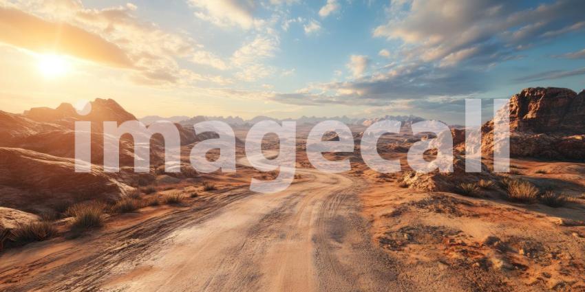 Winding road leading through a stunning desert background, a long, winding path cutting through vast sandy dunes, with the warm sun casting soft shadows and highlighting the natural beauty of the desert landscape.