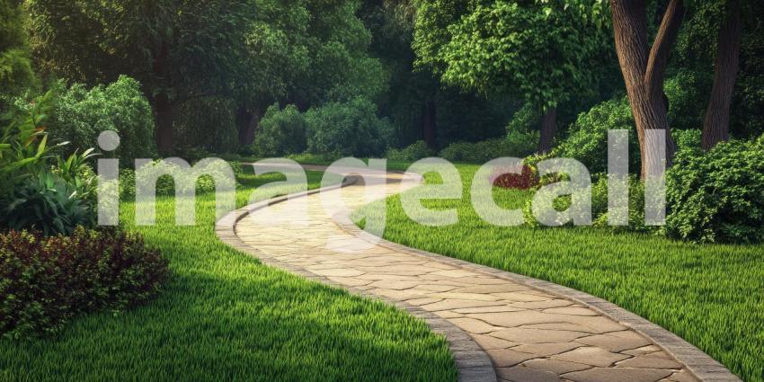 Winding pathway in a park bordered by lush green grass garden background, a gentle trail meandering through vibrant greenery, with well-kept grass and trees lining the way, creating a peaceful and inviting atmosphere for a leisurely walk.