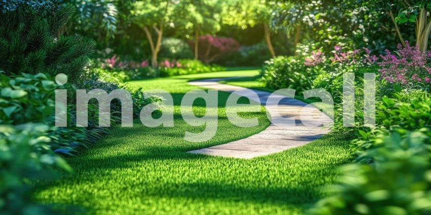 Winding pathway in a park bordered by lush green grass garden background, a gentle trail meandering through vibrant greenery, with well-kept grass and trees lining the way, creating a peaceful and inviting atmosphere for a leisurely walk.