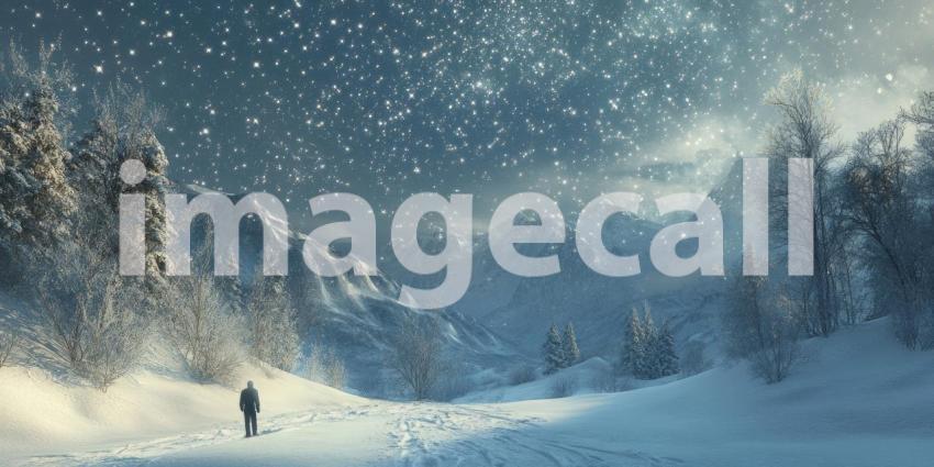 Winter Snow Background with Sparkling Stars Background, Tranquil Snowy Landscape Glimmering with Twinkling Stars in the Night Sky