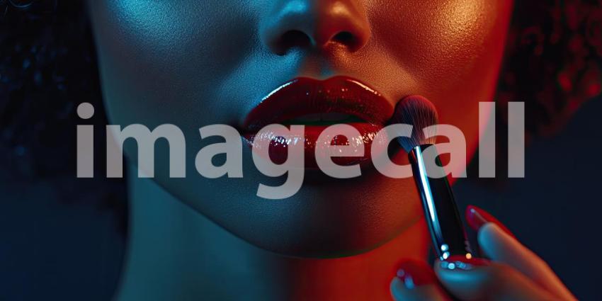 Woman Applying Makeup with Brush on Her Lips with Copyspace Background, Elegant Close-Up of Lip Makeup Application in a Minimalist Setting