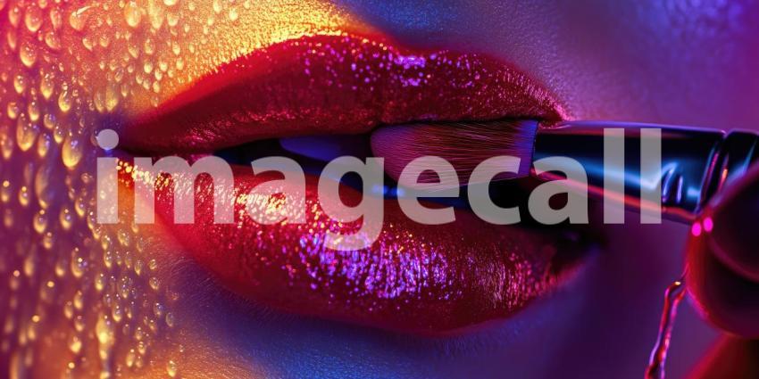 Woman Applying Makeup with Brush on Her Lips with Copyspace Background, Elegant Close-Up of Lip Makeup Application in a Minimalist Setting