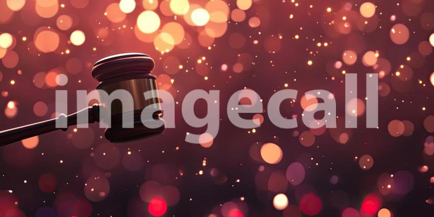 Wooden Gavel Bokeh Background, Close-Up of a Gavel with Soft, Blurry Bokeh Lights Creating a Professional and Elegant Setting
