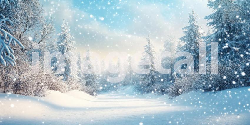 Snow-covered pine trees background, a peaceful winter scene with pine trees blanketed in fresh snow, their branches heavy with white, set against a calm, wintry sky.