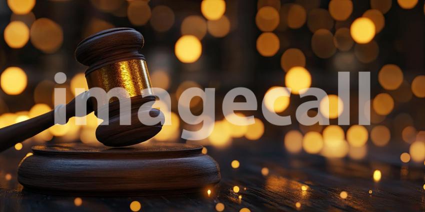 Wooden Gavel Bokeh Background, Close-Up of a Gavel with Soft, Blurry Bokeh Lights Creating a Professional and Elegant Setting