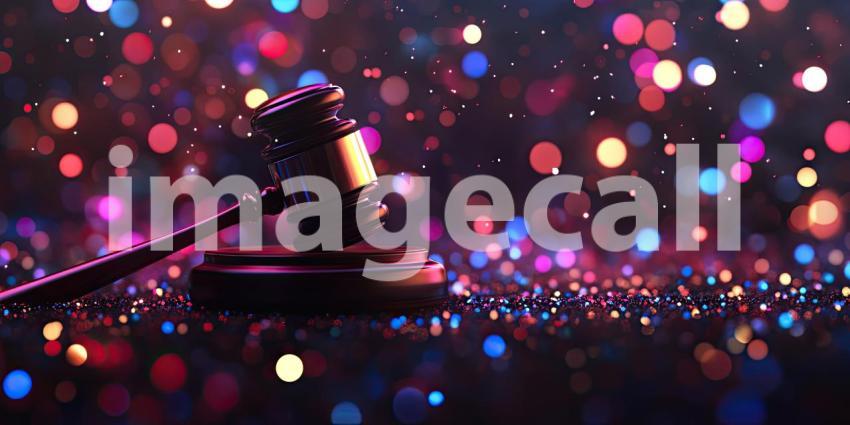 Wooden Gavel Bokeh Background, Close-Up of a Gavel with Soft, Blurry Bokeh Lights Creating a Professional and Elegant Setting
