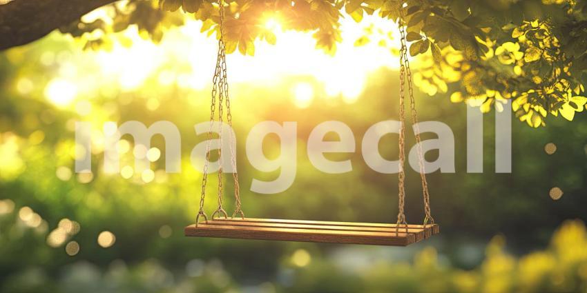 Wooden Swing Hangs from Tree Branch on Sunny Day Background, Peaceful Scene with a Swing Gently Hanging from a Tree, Bathed in Warm Sunshine