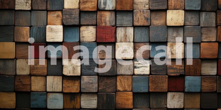 Wood squares in various shades background, a collection of wooden tiles in different tones, from light to dark, arranged neatly to create a warm, textured surface with a natural, earthy feel.