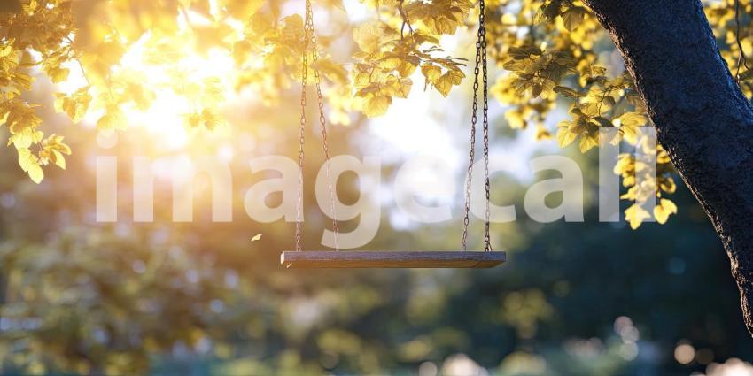Wooden Swing Hangs from Tree Branch on Sunny Day Background, Peaceful Scene with a Swing Gently Hanging from a Tree, Bathed in Warm Sunshine