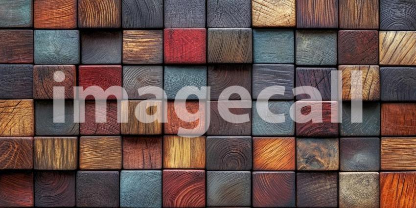 Wood squares in various shades background, a collection of wooden tiles in different tones, from light to dark, arranged neatly to create a warm, textured surface with a natural, earthy feel.