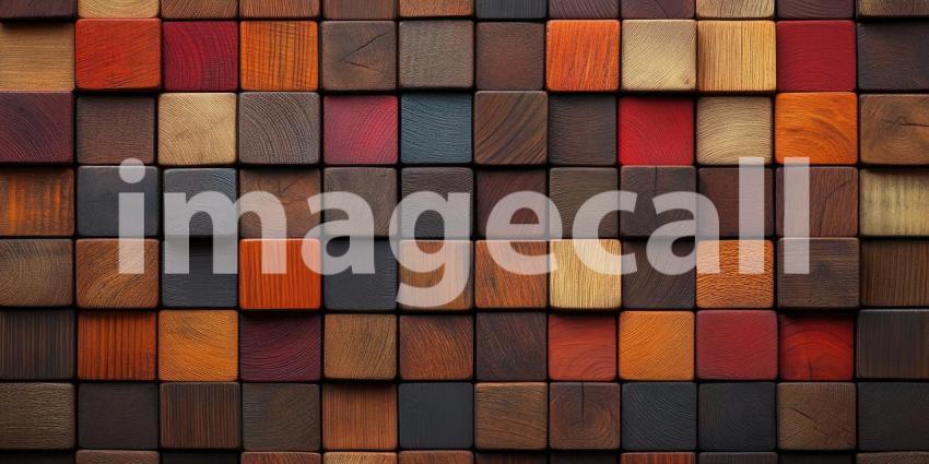 Wood squares in various shades background, a collection of wooden tiles in different tones, from light to dark, arranged neatly to create a warm, textured surface with a natural, earthy feel.