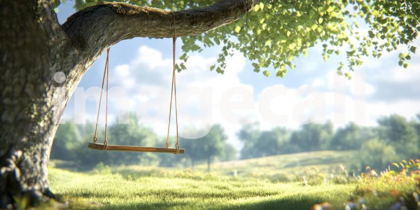 Wooden Swing Hangs from Tree Branch on Sunny Day Background, Peaceful Scene with a Swing Gently Hanging from a Tree, Bathed in Warm Sunshine