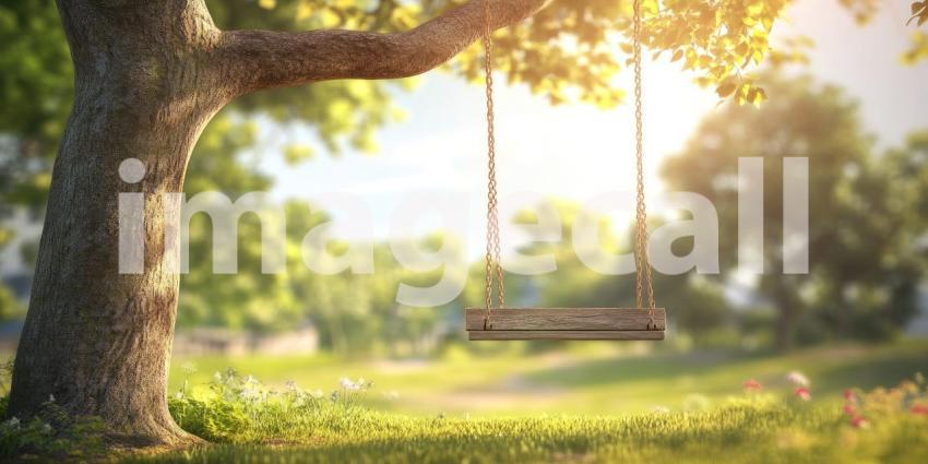 Wooden Swing Hangs from Tree Branch on Sunny Day Background, Peaceful Scene with a Swing Gently Hanging from a Tree, Bathed in Warm Sunshine