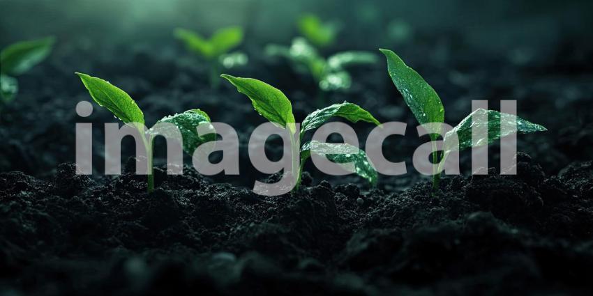Young plants growing in a field farming agriculture background, rows of tender green seedlings sprouting in rich, fertile soil, with the open sky above, symbolizing growth and prosperity in an agricultural setting.