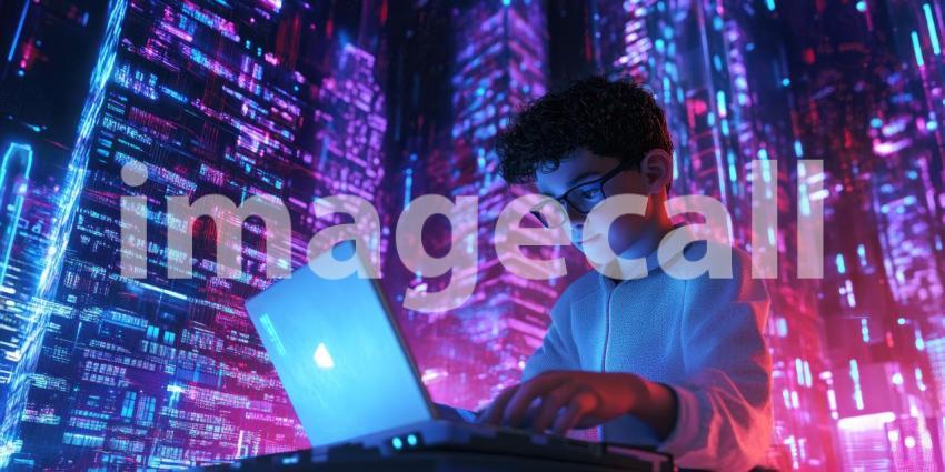 Young cyber boy working on a laptop against a backdrop of digital data streams background, a futuristic scene with a young individual focused on a laptop, surrounded by flowing streams of binary code and glowing digital elements, evoking a tech-savvy, cyb