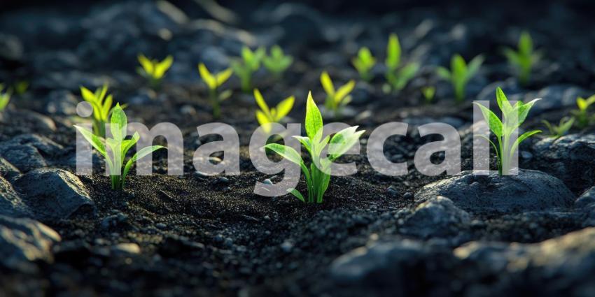 Young plants growing in a field farming agriculture background, rows of tender green seedlings sprouting in rich, fertile soil, with the open sky above, symbolizing growth and prosperity in an agricultural setting.