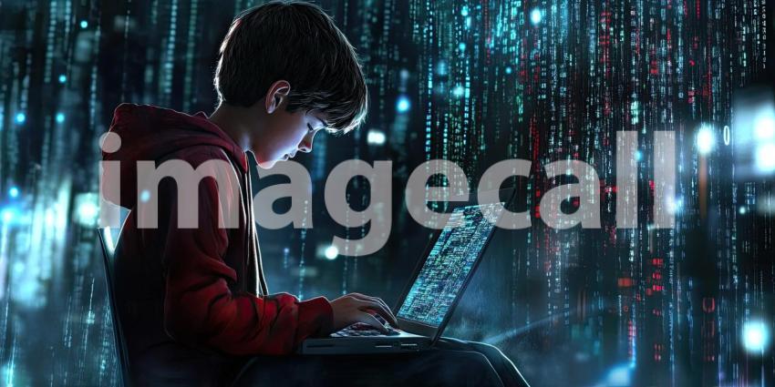 Young cyber boy working on a laptop against a backdrop of digital data streams background, a futuristic scene with a young individual focused on a laptop, surrounded by flowing streams of binary code and glowing digital elements, evoking a tech-savvy, cyb