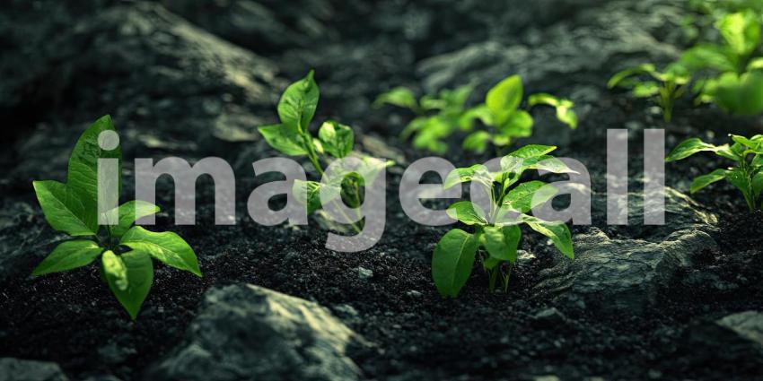 Young plants growing in a field farming agriculture background, rows of tender green seedlings sprouting in rich, fertile soil, with the open sky above, symbolizing growth and prosperity in an agricultural setting.