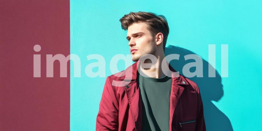 Young male handsome fashion model with copyspace background, a stylish and confident individual posing in trendy attire, with a clean, neutral background that offers ample space for text or branding.