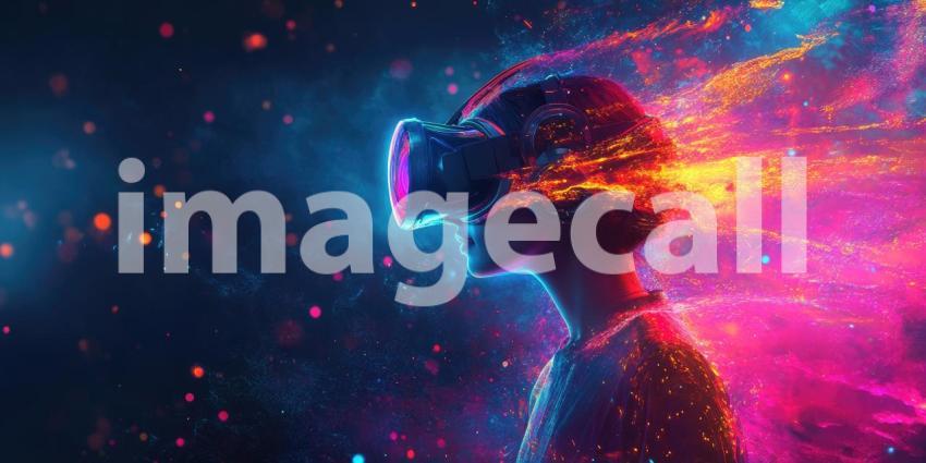 Young Person with VR Headset Neon Lighting with Copyspace Background, Futuristic Scene Featuring a VR User Immersed in Vibrant Neon Glow
