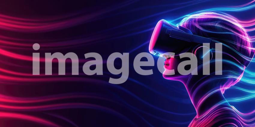 Young Person with VR Headset Neon Lighting with Copyspace Background, Futuristic Scene Featuring a VR User Immersed in Vibrant Neon Glow