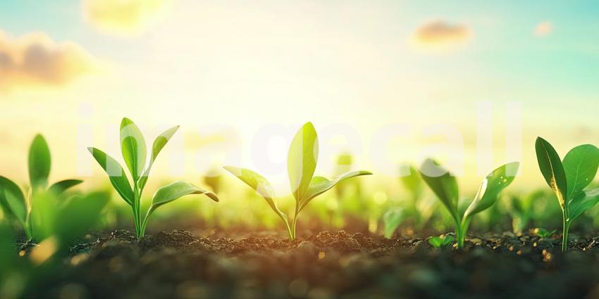 Young Green Plants Sprouting from Rich Dark Soil Background, Fresh New Growth Emerging from Fertile Soil in a Natural and Earthy Setting