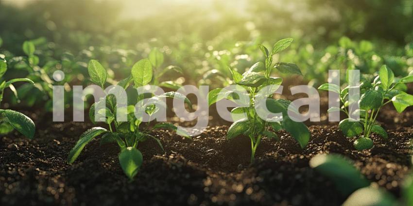 Young Green Plants Sprouting from Rich Dark Soil Background, Fresh New Growth Emerging from Fertile Soil in a Natural and Earthy Setting