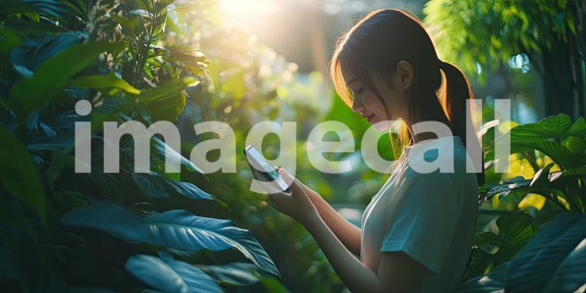 Young woman using her phone in a lush green garden, checking her examination results or updates, surrounded by vibrant plants and flowers, with a peaceful and focused atmosphere.