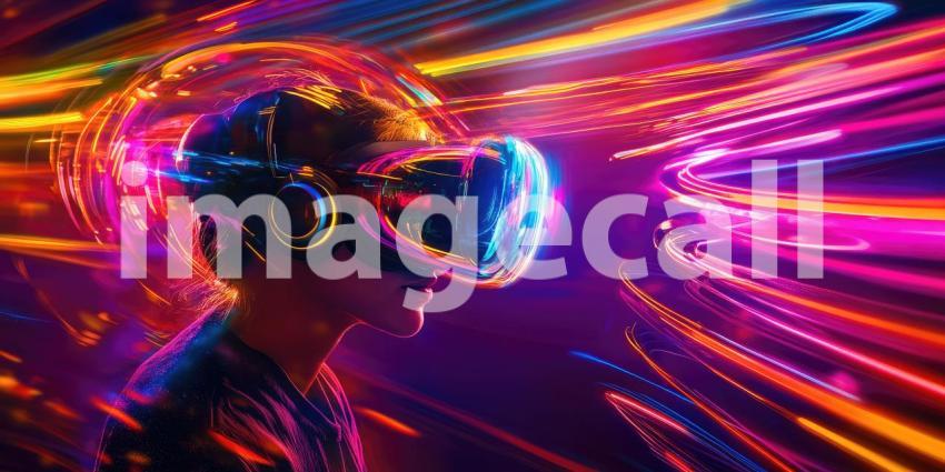Young Person with VR Headset Neon Lighting with Copyspace Background, Futuristic Scene Featuring a VR User Immersed in Vibrant Neon Glow