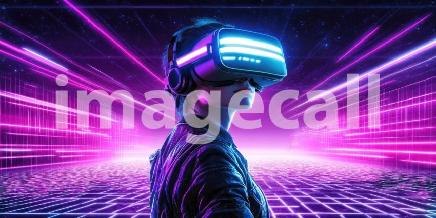Young Person with VR Headset Neon Lighting with Copyspace Background, Futuristic Scene Featuring a VR User Immersed in Vibrant Neon Glow