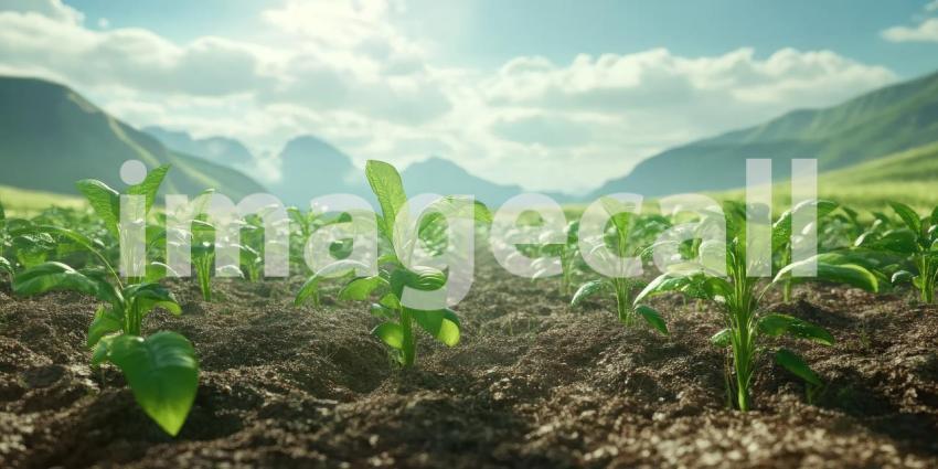 Young Green Plants Sprouting from Rich Dark Soil Background, Fresh New Growth Emerging from Fertile Soil in a Natural and Earthy Setting