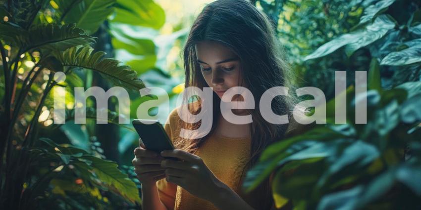 Young woman using her phone in a lush green garden, checking her examination results or updates, surrounded by vibrant plants and flowers, with a peaceful and focused atmosphere.