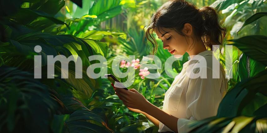 Young woman using her phone in a lush green garden, checking her examination results or updates, surrounded by vibrant plants and flowers, with a peaceful and focused atmosphere.