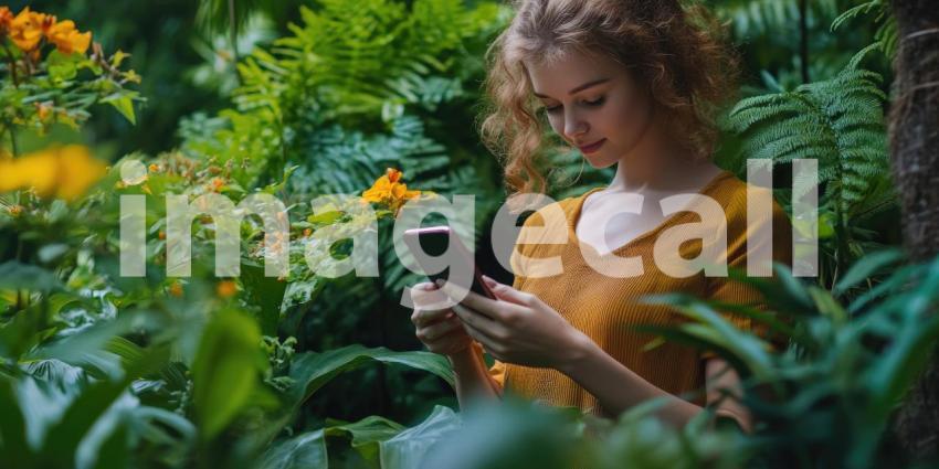 Young woman using her phone in a lush green garden, checking her examination results or updates, surrounded by vibrant plants and flowers, with a peaceful and focused atmosphere.