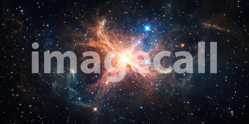 Vibrant Supernova Explosion: A Detailed Close-Up of a Star's Fiery Demise with Radiant Light and Swirling Gas Clouds in Orange and Blue