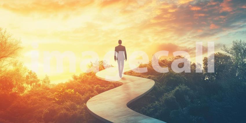 Journey Through Serene Nature: A Person Walking Along a Winding Path Amidst Lush Greenery with a Vibrant Sunrise or Sunset