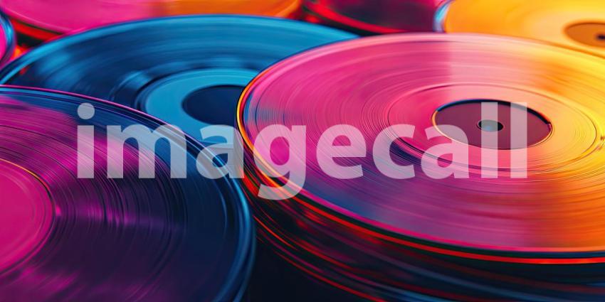 Vibrant Collection of Colorful Vinyl Records: Overlapping Pink, Blue, Orange, and Yellow Records with Grooves and Circular Pattern