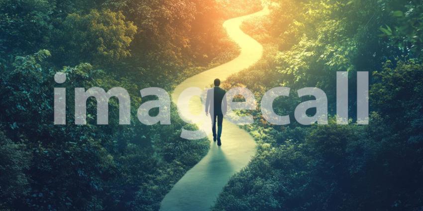 Journey Through Serene Nature: A Person Walking Along a Winding Path Amidst Lush Greenery with a Vibrant Sunrise or Sunset