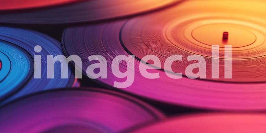 Vibrant Collection of Colorful Vinyl Records: Overlapping Pink, Blue, Orange, and Yellow Records with Grooves and Circular Pattern