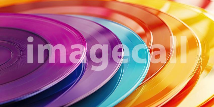 Vibrant Collection of Colorful Vinyl Records: Overlapping Pink, Blue, Orange, and Yellow Records with Grooves and Circular Pattern