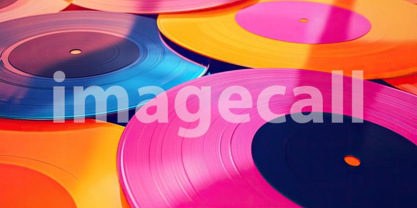 Vibrant Collection of Colorful Vinyl Records: Overlapping Pink, Blue, Orange, and Yellow Records with Grooves and Circular Pattern