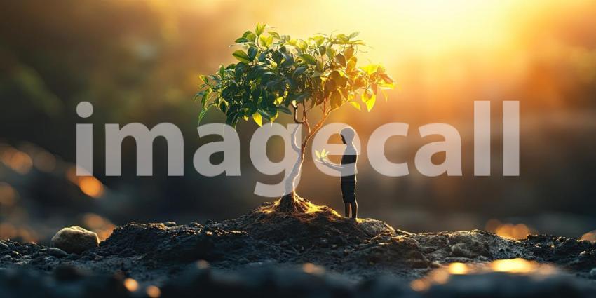 A Tranquil Morning: Person Connecting with Nature in a Serene Meadow as the Sun Rises, Symbolizing Growth and Renewal