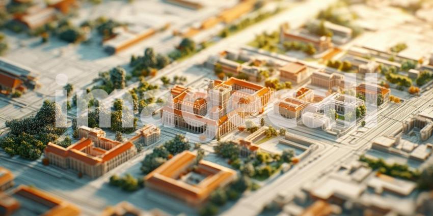 Miniature Urban Model: Detailed Scale Representation of a City or University Campus with Prominent Historical Building, Roads