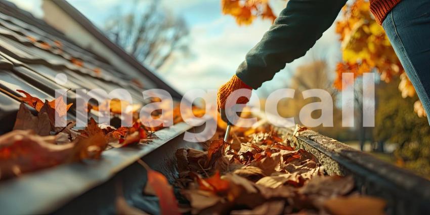 Autumn Gutter Cleaning: Close-Up of Person in Red Jacket Removing Fallen Leaves from Roof Gutter with Gloved Hands and Tool Amidst Golden Light of Fall Season