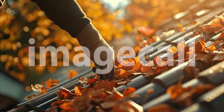 Autumn Gutter Cleaning: Close-Up of Person in Red Jacket Removing Fallen Leaves from Roof Gutter with Gloved Hands and Tool Amidst Golden Light of Fall Season