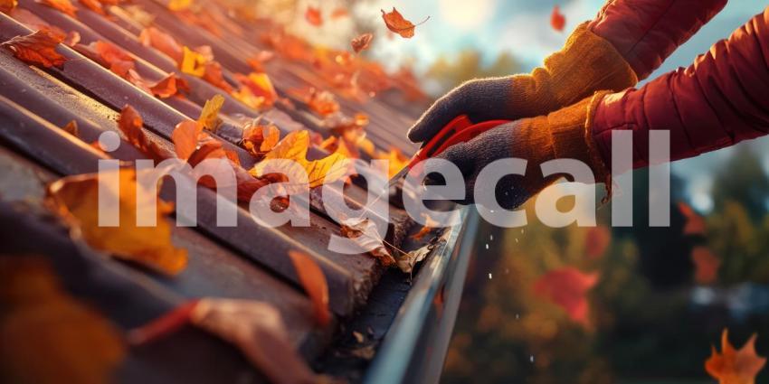 Autumn Gutter Cleaning: Close-Up of Person in Red Jacket Removing Fallen Leaves from Roof Gutter with Gloved Hands and Tool Amidst Golden Light of Fall Season