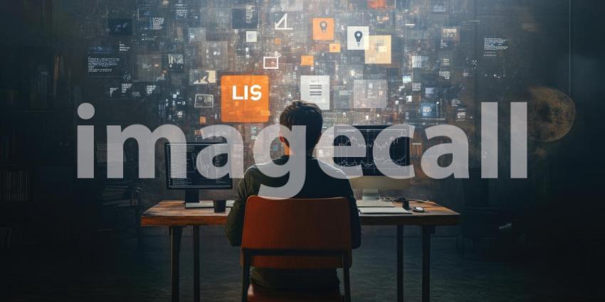 Creative Workspace Inspiration: Individual Engaged in Brainstorming and Research Session with Vibrant Abstract Background and Detailed Wall Sketches